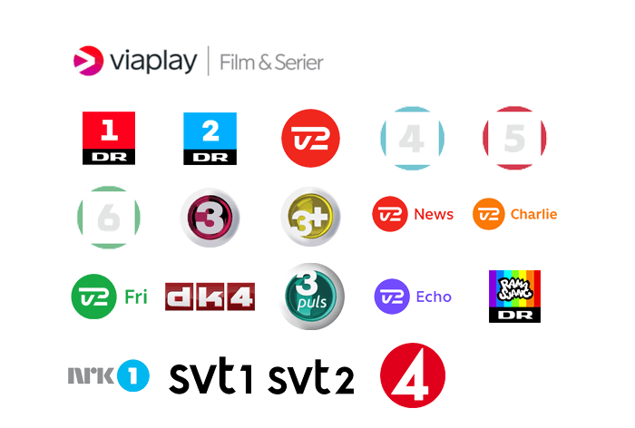 Oversigt over de 19 tv-kanaler og Viaplay Film & Serier der er med i Allente Stream Basic TV-pakken