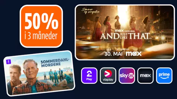 To bilder som viser nyheten "And just like that" sesong 2, "Sommerdahlmordene" hos TV 2 og logoene til TV 2, Viaplay, SkyShowtime, Max og Prime.