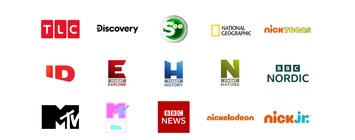 logoer på de 17 ekstra tv-kanaler du får i tilvalgspakken "ekstra tv-kanaler"