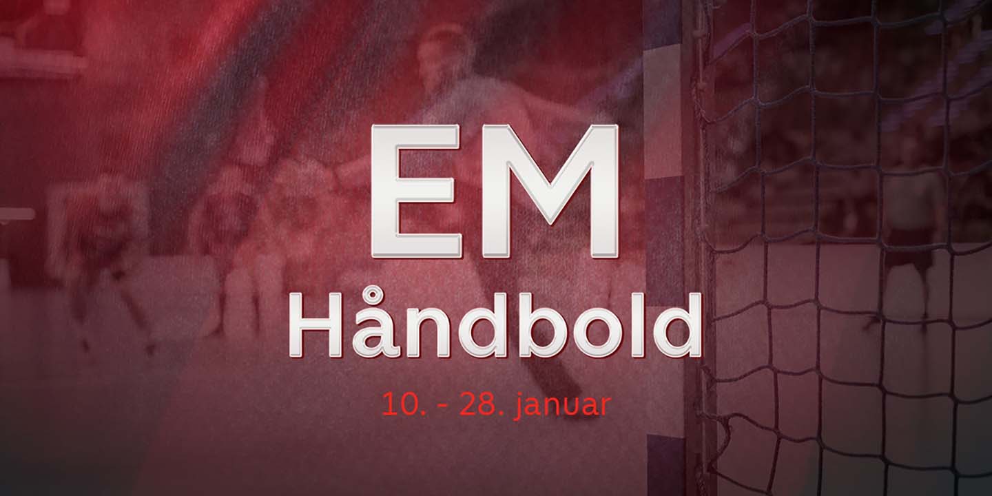 ©2024 TV2 Rød baggrund med håndboldbane, foran står der "EM Håndbold 10. - 28. januar"